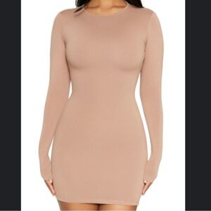 naked wardrobe Long Sleeve Bodycon Dress in Nude
